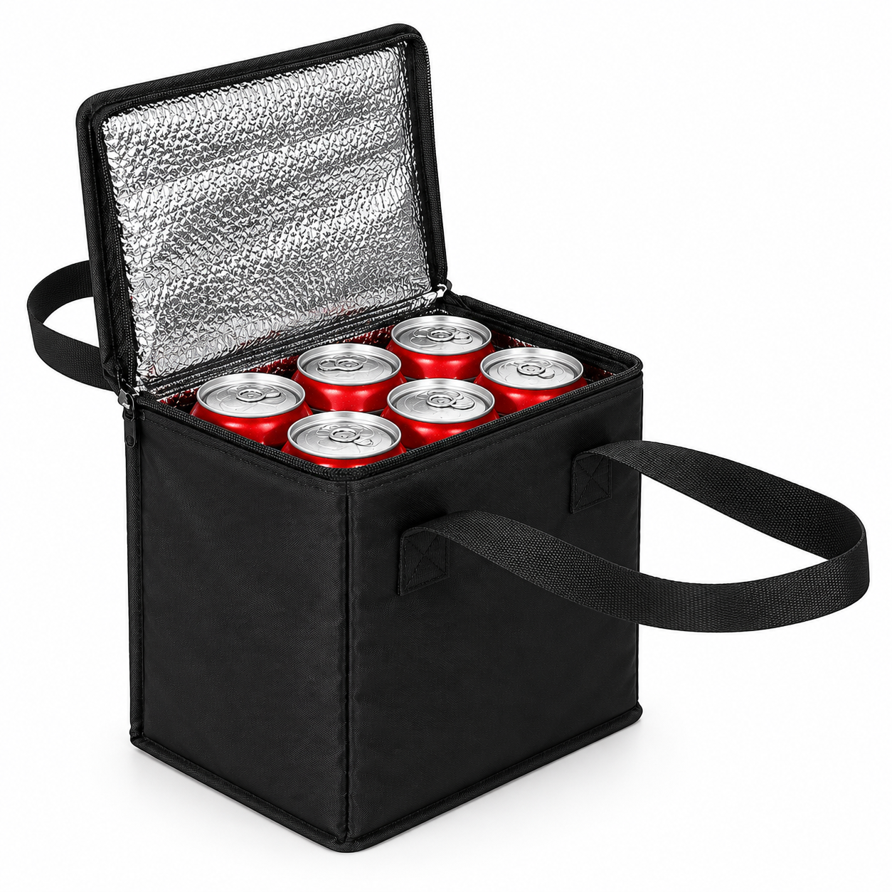 Open Black Cooler Bag with Red Cans